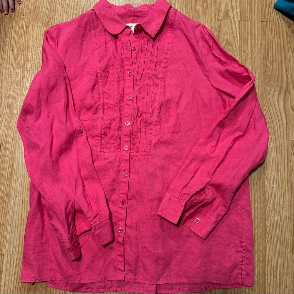Jones New York 100% Linen XL Hot Pink Pleated Long Roll Sleeve Button Up Shirt